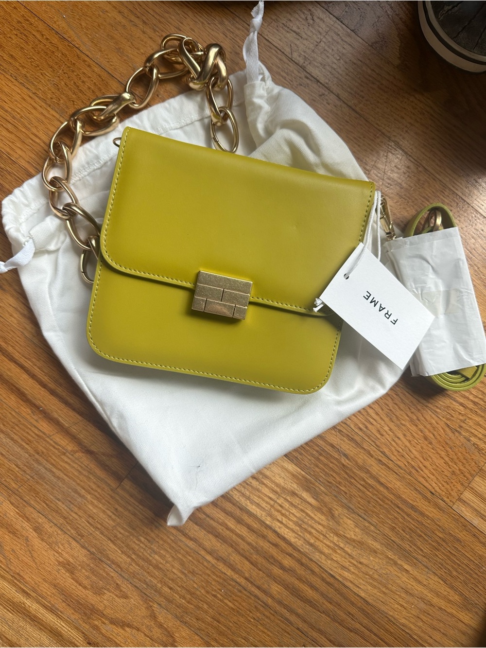 Frame Denim Yellow-Green Leather Chain Strap Crossbody Bag